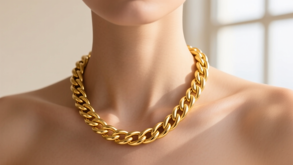 Close-up of a model wearing an 18-inch 14k yellow gold rope chain, highlighting the metal texture and elegant neckline drape