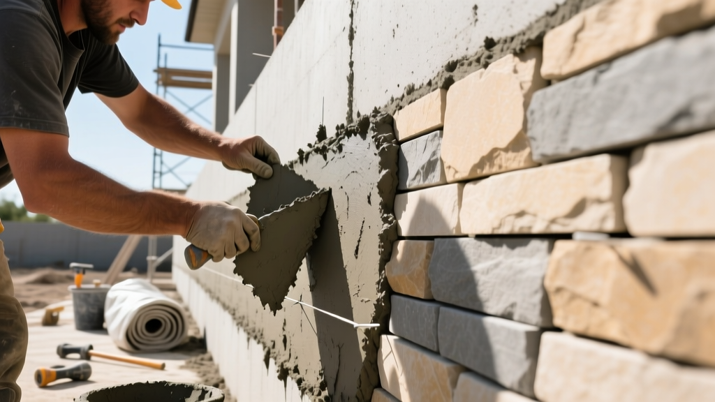 Mason troweling Type S mortar onto a scored concrete foundation wall while installing manufactured stone veneer panels outdoors