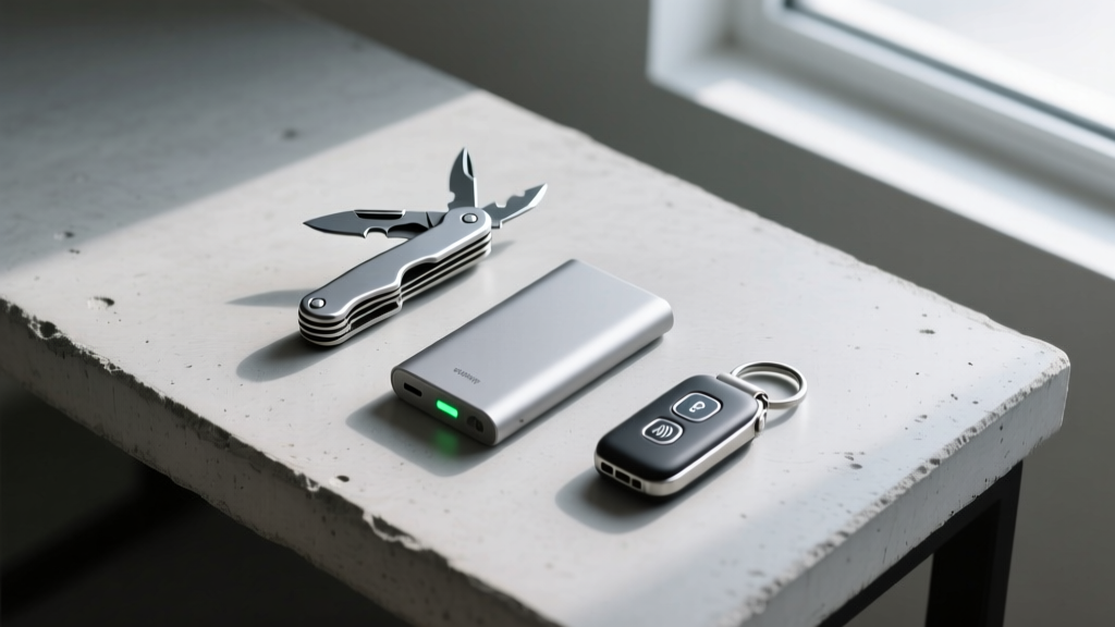 Overhead flat-lay of a minimalist 2026 everyday carry setup on a concrete desk, featuring a titanium multi-tool, a slim power bank, and a smart key organizer.