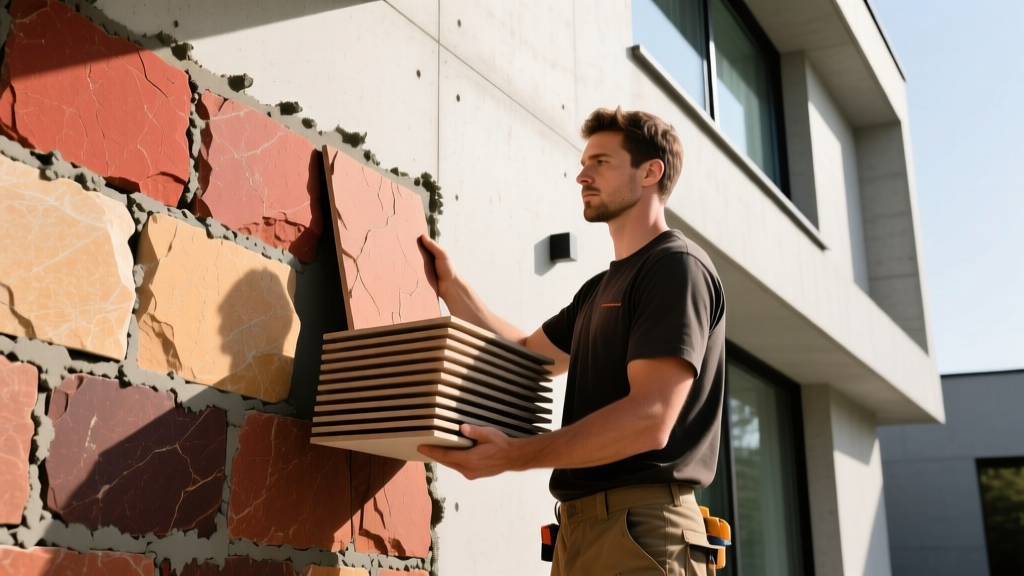 Contractor holding stacked stone veneer panels against a modern exterior wall with warm earth tones and fresh mortar joints.