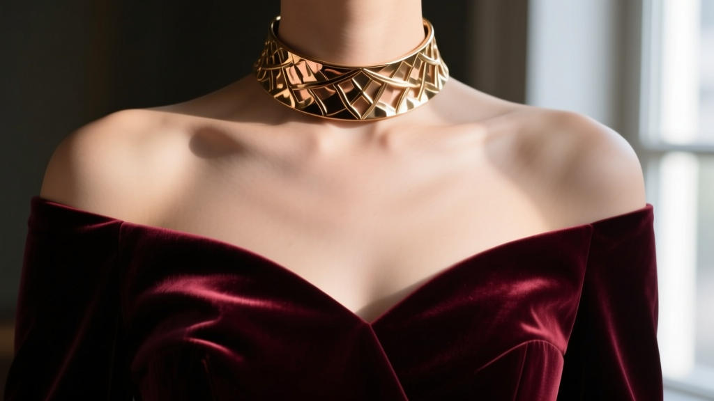 Close-up of burgundy velvet off-shoulder gown neckline adorned with a hammered 14k rose gold collar choker in moody lighting
