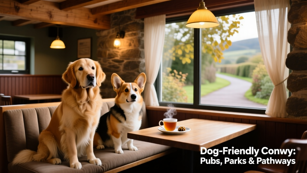 Two dogs sitting comfortably in a warm, dog-friendly pub with wooden beams and soft lighting