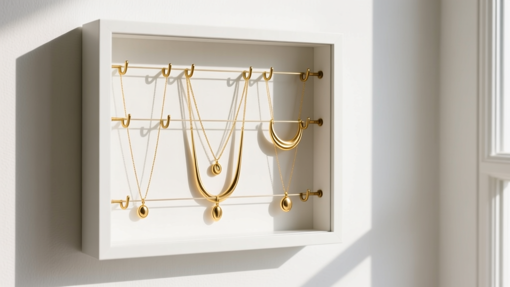 Framed shadow box DIY jewelry organizer on a white wall, showing gold necklaces draped over small brass hooks and tension wires.