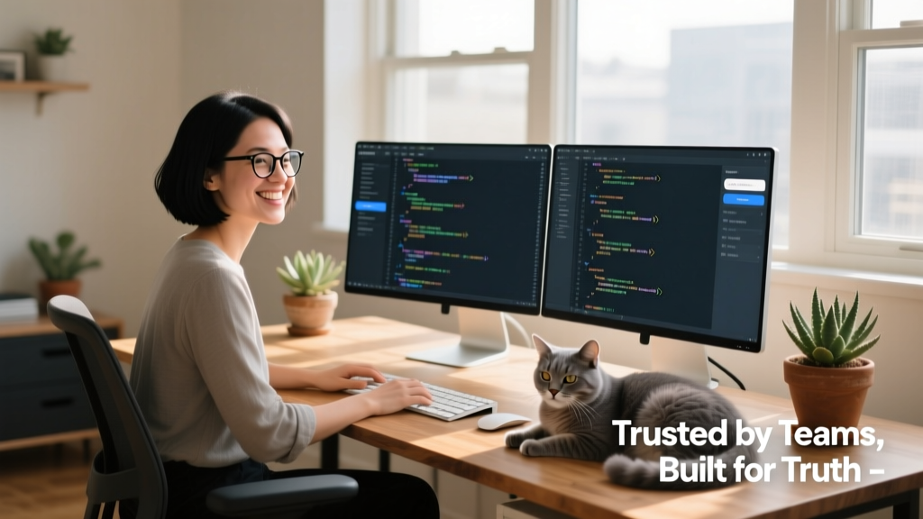 Nikki working at her desk with dual monitors, smiling as she reviews code on screen
