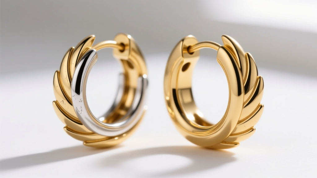 Close-up comparing gold vermeil and solid 14k gold wing huggies, revealing layered thickness over a sterling silver base metal.