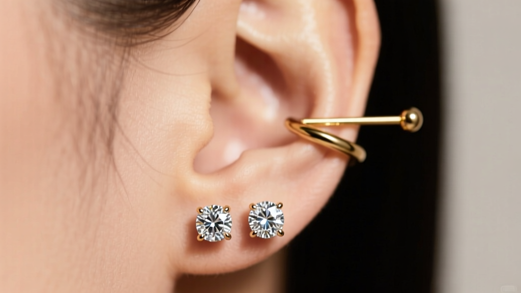 Portrait of a curated ear stack with diamond lobe studs, paired with a minimalist gold helix hoop and a delicate tragus barbell