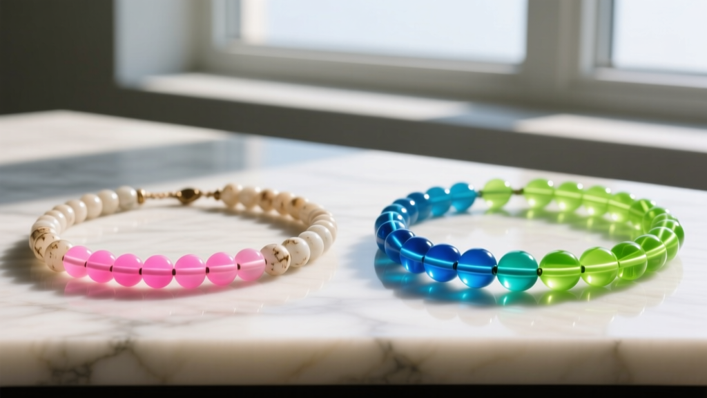 Side-by-side view of a faded vintage resin neon bead necklace and a bright new acrylic neon bead necklace under natural sunlight