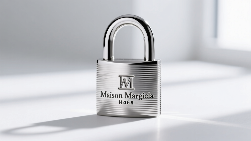 Macro shot of a rhodium-plated silver Maison Margiela padlock pendant, showing brushed metal texture and a crisp logo stamp.