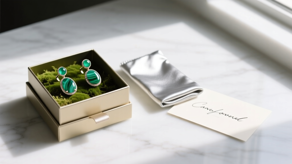 Flat lay gift box with moss agate stud earrings, a silver polishing cloth, and a handwritten card on a white marble surface