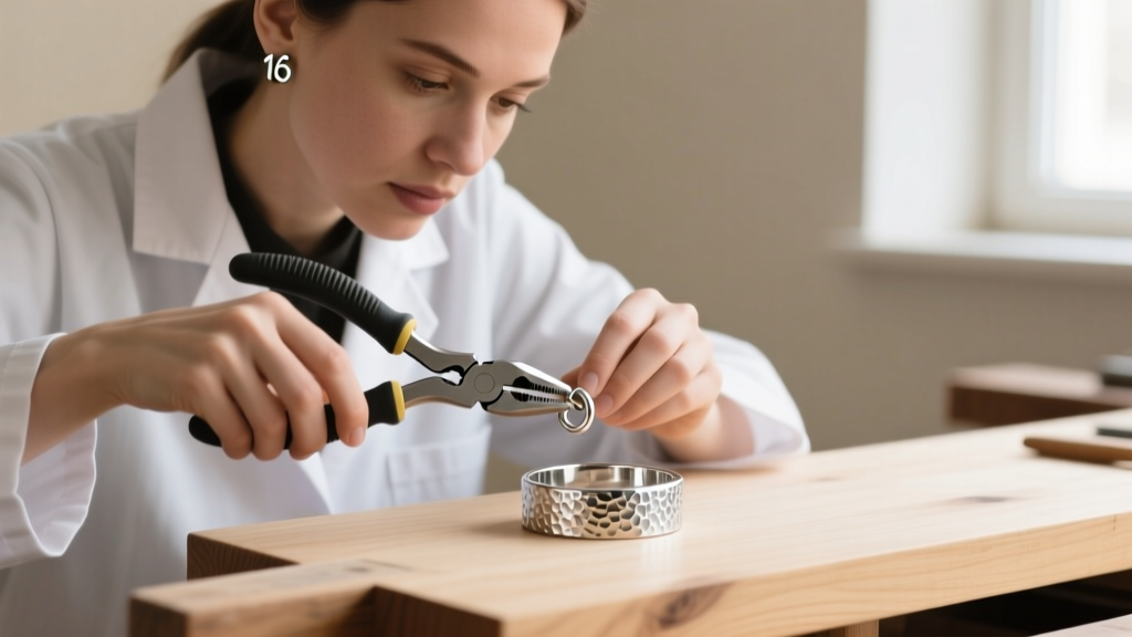 Jeweler using nylon-jaw pliers to gently adjust the tension of a 16-gauge sterling silver ear cuff on a wooden workbench.