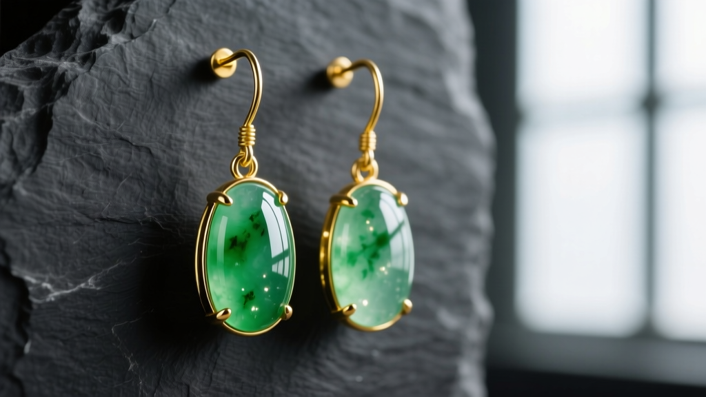 Macro photo of 18k yellow gold drop earrings with translucent, vibrant green Type A jadeite cabochons resting on dark slate