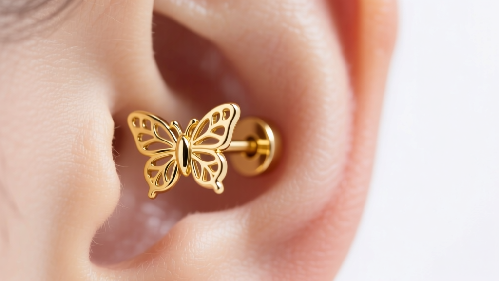 Macro shot of an 18k gold stud earring post with a classic butterfly friction back partially slid on, bright studio lighting.
