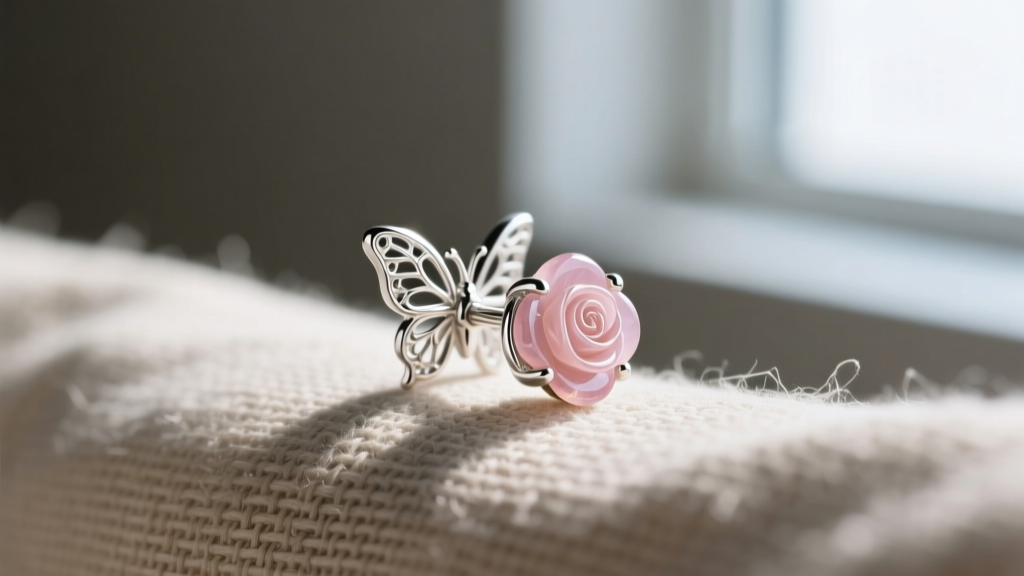 Side view of a 20-gauge sterling silver post with butterfly backing, holding a carved rose quartz floral stud on raw linen.