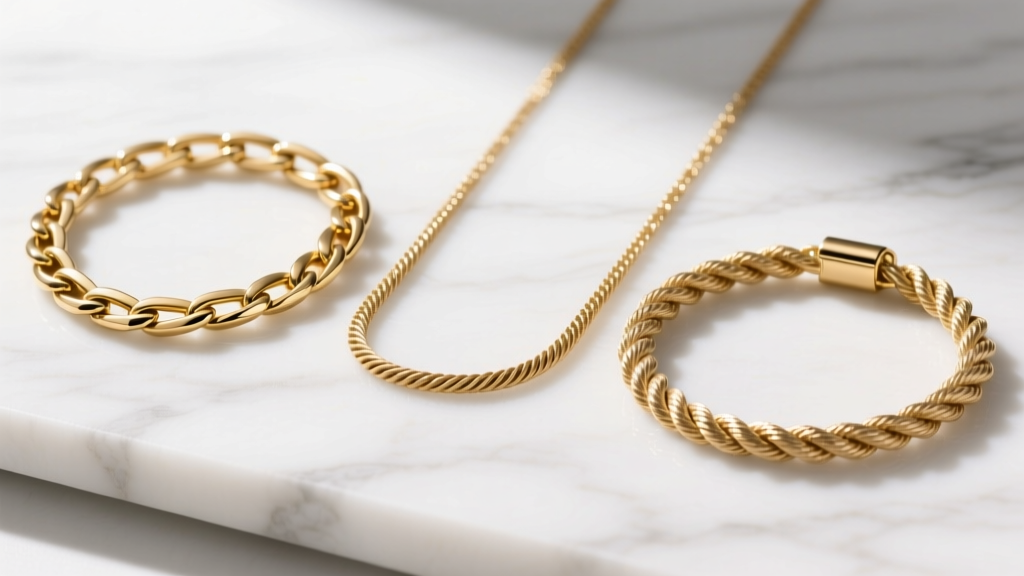 Gold cable, Figaro, and rope chains laid side-by-side on white marble to compare link thickness, gauge, and overall visual weight.