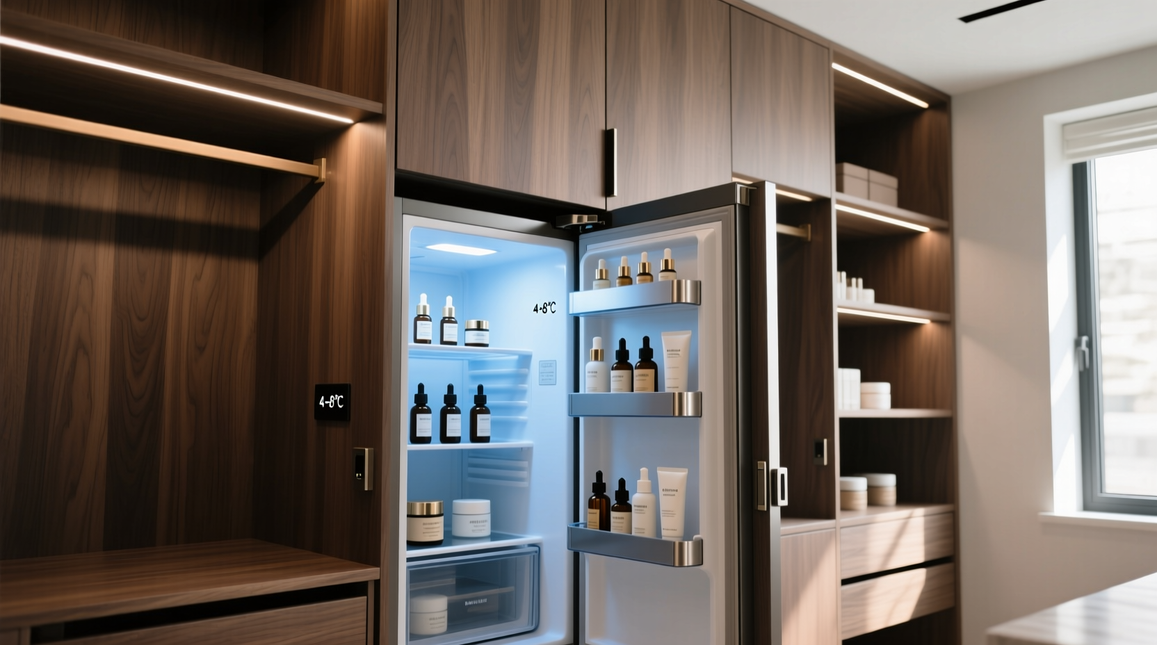 skincare fridge in closet cabinetry