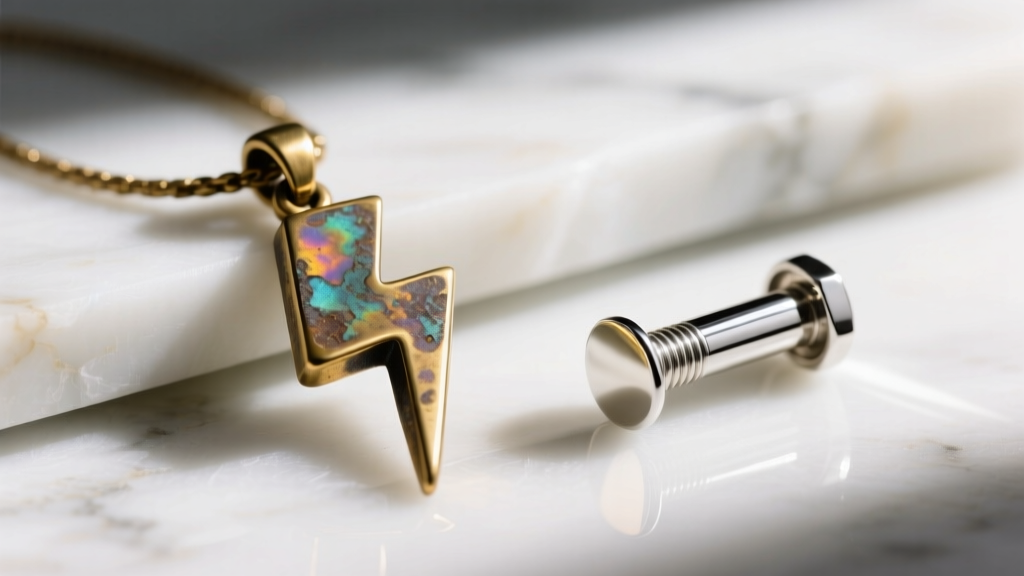 Macro shot of a tarnished brass lightning pendant next to a pristine rhodium-plated sterling silver bolt on a white marble surface