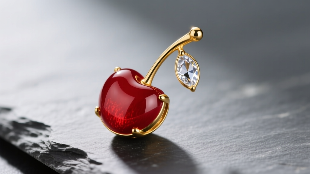 Closeup of a gold-plated brass cherry pendant on slate, showing glossy red cold enamel and a sparkling crystal stem in soft light.