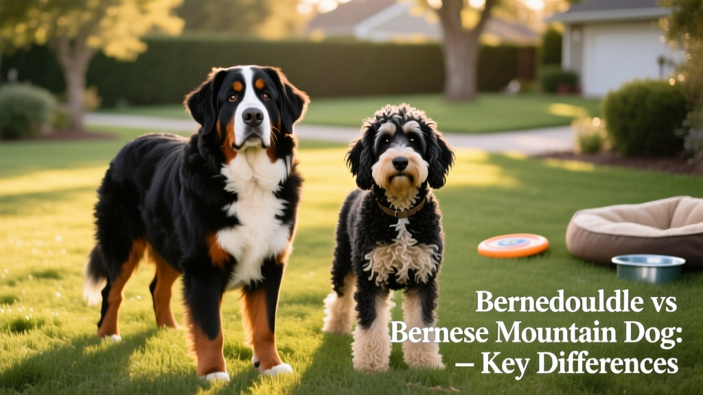 Side-by-side comparison showing a Bernese Mountain Dog and a Bernedoodle standing calmly on grass