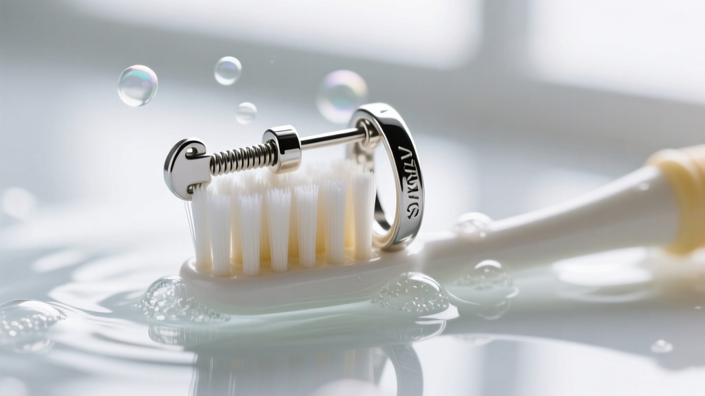 A soft-bristled baby toothbrush gently scrubbing the hinge of a sterling silver latch back earring submerged in soapy water