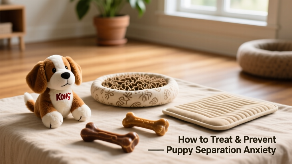 A variety of safe, puppy-appropriate enrichment items arranged neatly: a stuffed KONG, a snuffle mat, chew bones, and a calming lick mat