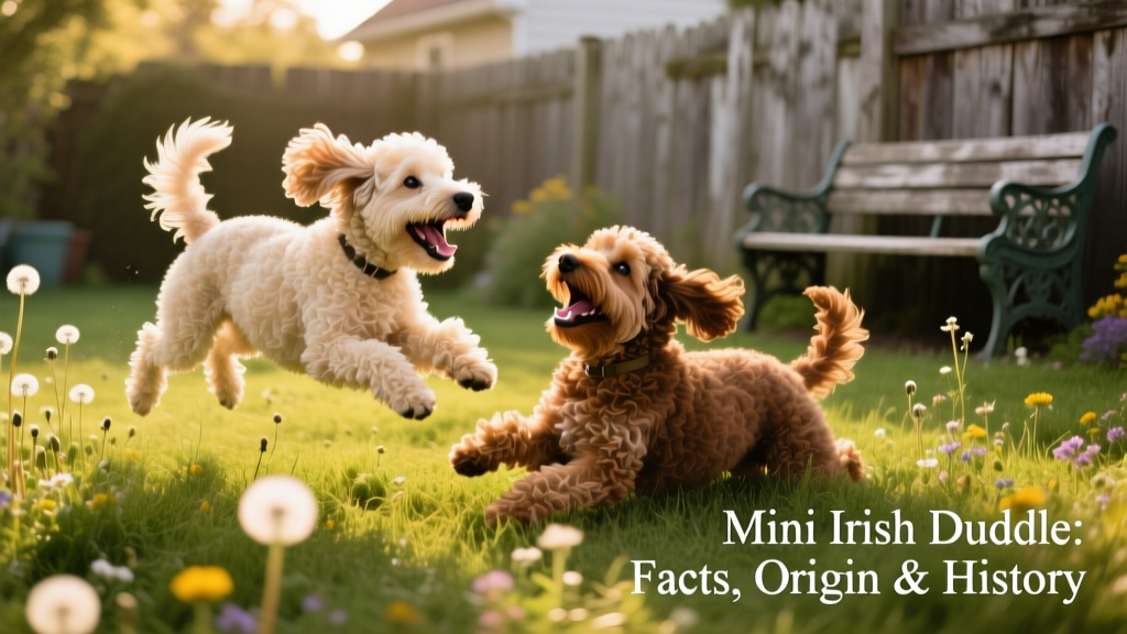 Two Mini Irish Doodles playing together in a grassy backyard, highlighting their playful energy and similar coat textures