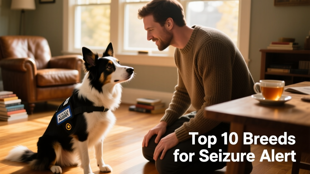 A focused Border Collie making eye contact with its handler during a training session in a home setting