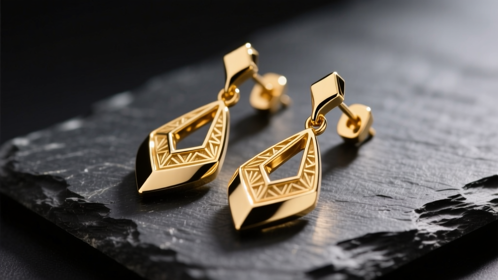 Macro shot of elegant 18k gold drop earrings resting on dark slate, illuminated by soft, warm directional studio lighting.