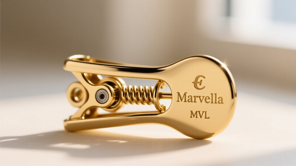 Macro shot of a gold-tone Marvella paddle clip earring mechanism revealing the tension spring and stamped maker's mark on the back.