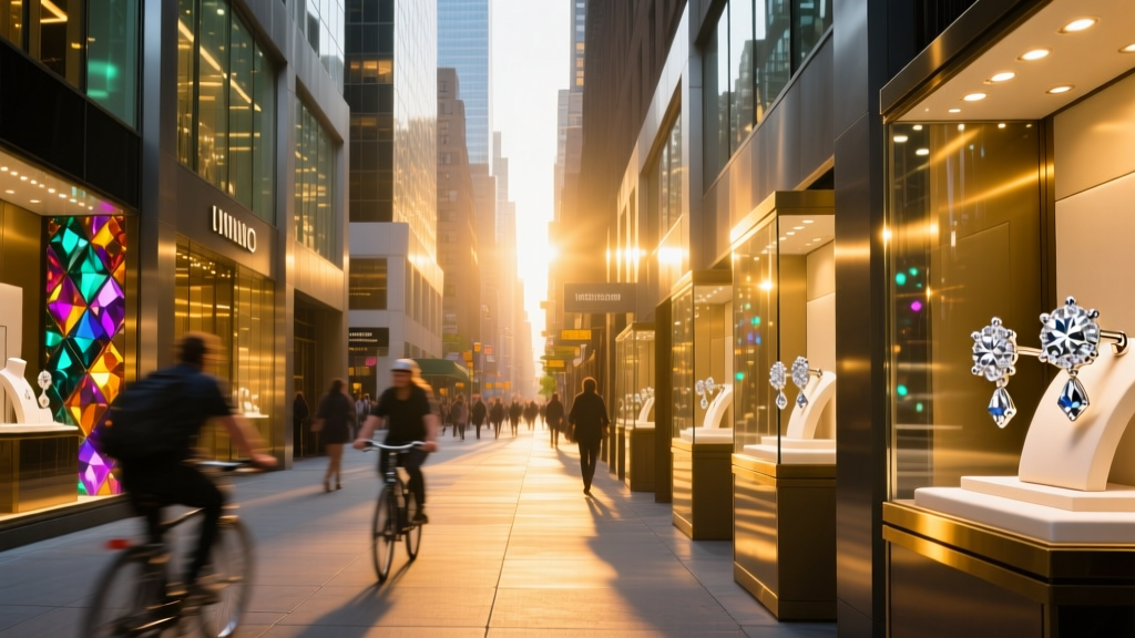 Wide-angle street view of a bustling Manhattan jewelry arcade with glowing glass display cases showcasing diamond stud earrings