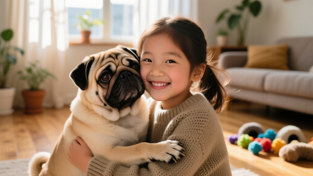 pug snuggling with girl