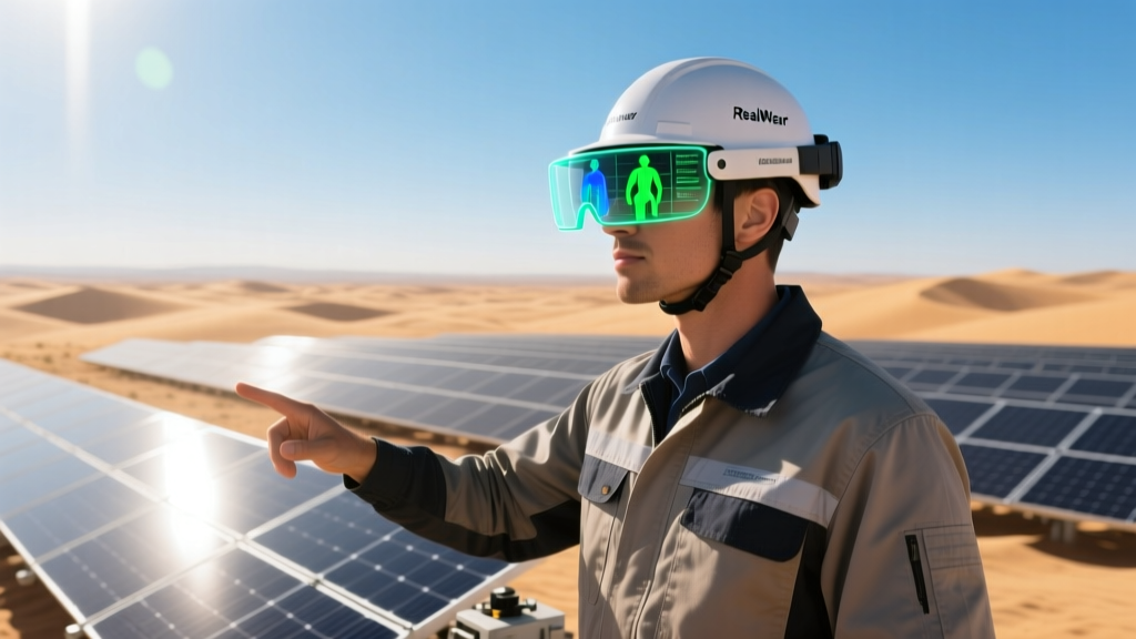Field engineer using RealWear rugged AR headset to inspect solar panels in bright desert sunlight, showcasing outdoor visibility.