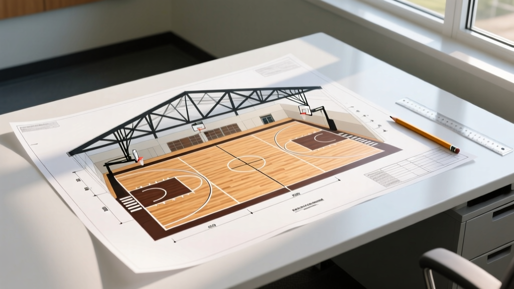 Blueprint of a modern high school gymnasium with hardwood flooring plans and steel truss roof structures on a contractor desk