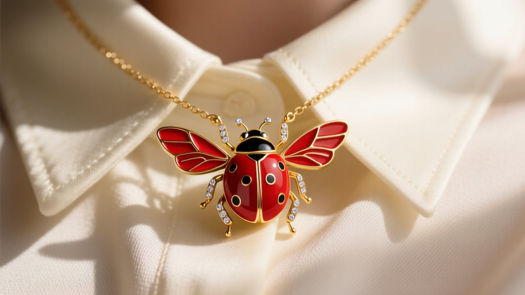 Close-up of a 14k gold ladybug necklace with red vitreous enamel wings and diamond accents resting on a silk blouse collar