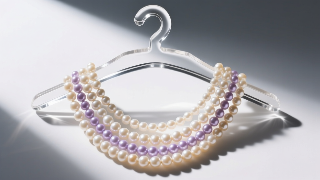 Top-down shot of an acrylic necklace hanger holding layered pearl strands, highlighting its UV-resistant and transparent surface.