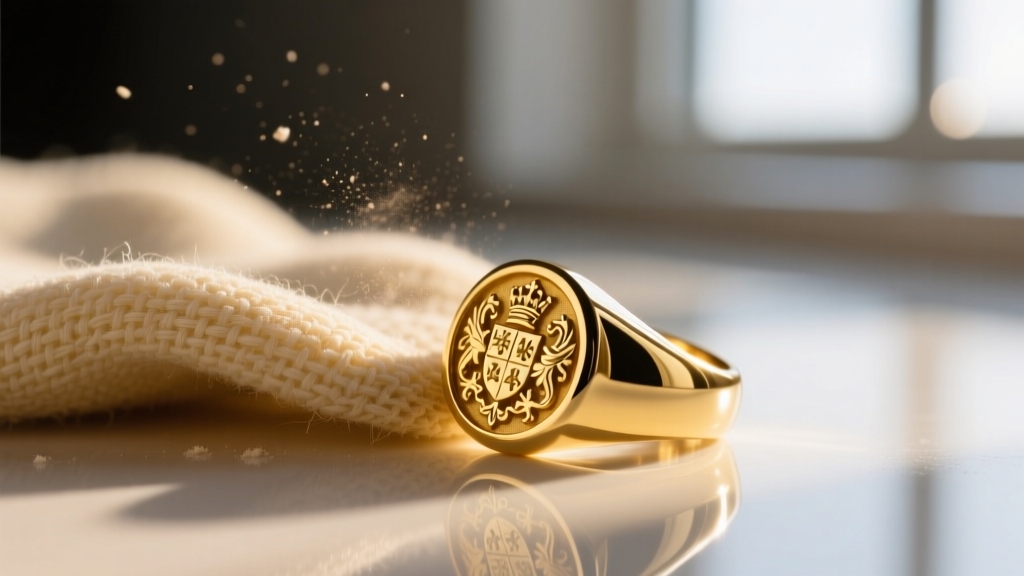 Close-up of a micro-abrasive polishing cloth for jewelry gently buffing the high-polish surface of a 14k yellow gold signet ring