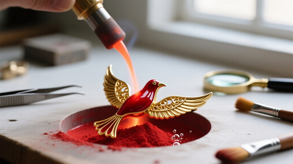 Macro shot of a jeweler melting hard red enamel powder into a recessed gold wing cavity for a fantasy bird pendant on a workbench