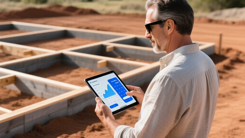 Architect reviewing cost per square foot calculator on a tablet while standing on a graded dirt lot with wooden foundation forms visible
