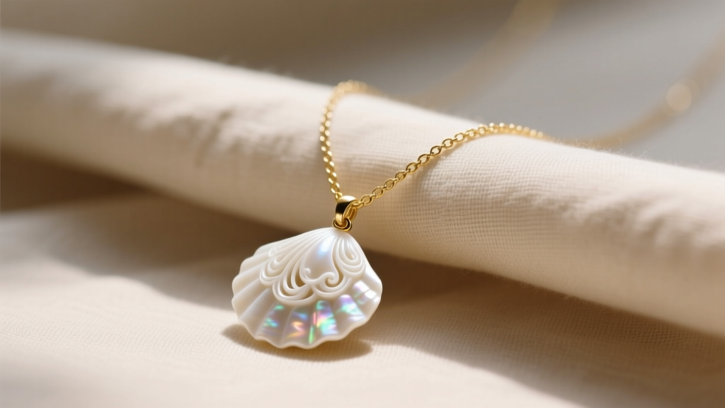 Macro shot of a white shell necklace with carved mother of pearl pendants on a gold chain resting on soft beige linen fabric