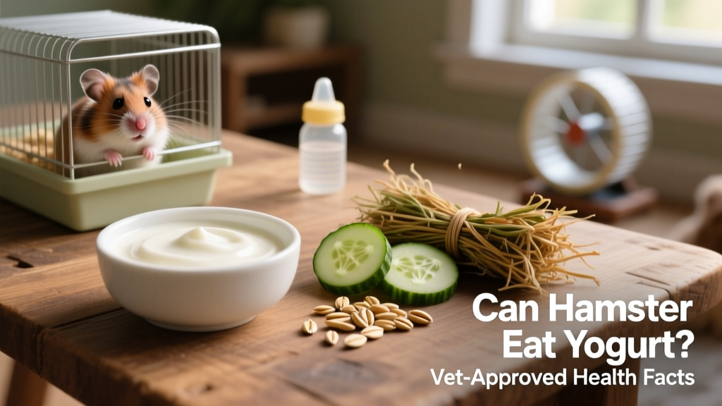 Side-by-side comparison: a small portion of plain yogurt next to hamster-safe treats like cucumber slices and timothy hay