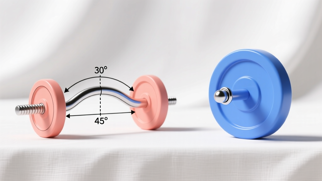 Technical line drawing comparing the curvature angles of a curved barbell versus a circular barbell for genital piercings.