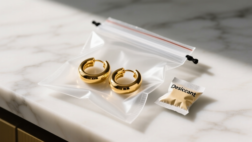 Gold vermeil hoop earrings resting inside an anti-tarnish bag with a silica gel packet, placed on a white marble countertop.