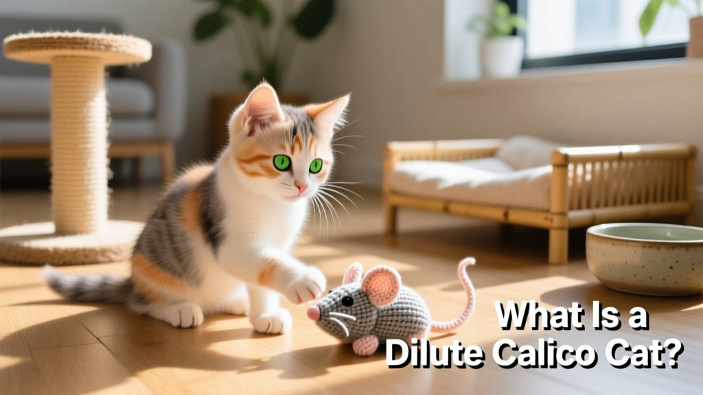A happy dilute calico kitten playing gently with a soft fabric toy, surrounded by simple, cat-safe home items