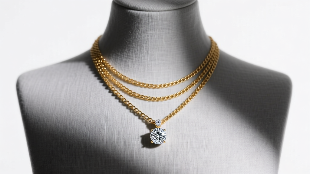 Grey linen necklace mannequin bust displaying a layered 14k gold chain and diamond pendant under soft studio lighting setup