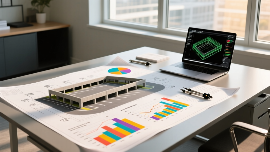 Precast parking garage blueprint overlaid with financial budget charts and structural load calculations on a modern architect desk
