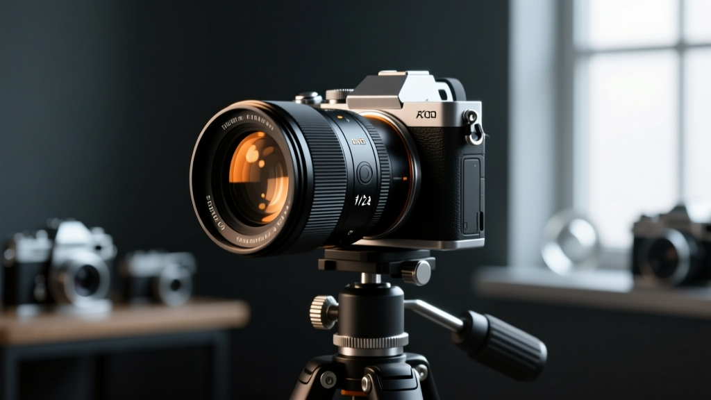Side profile of a 105mm f/2.8 macro lens attached to a mirrorless camera, resting on a geared tripod head in a dimly lit studio.