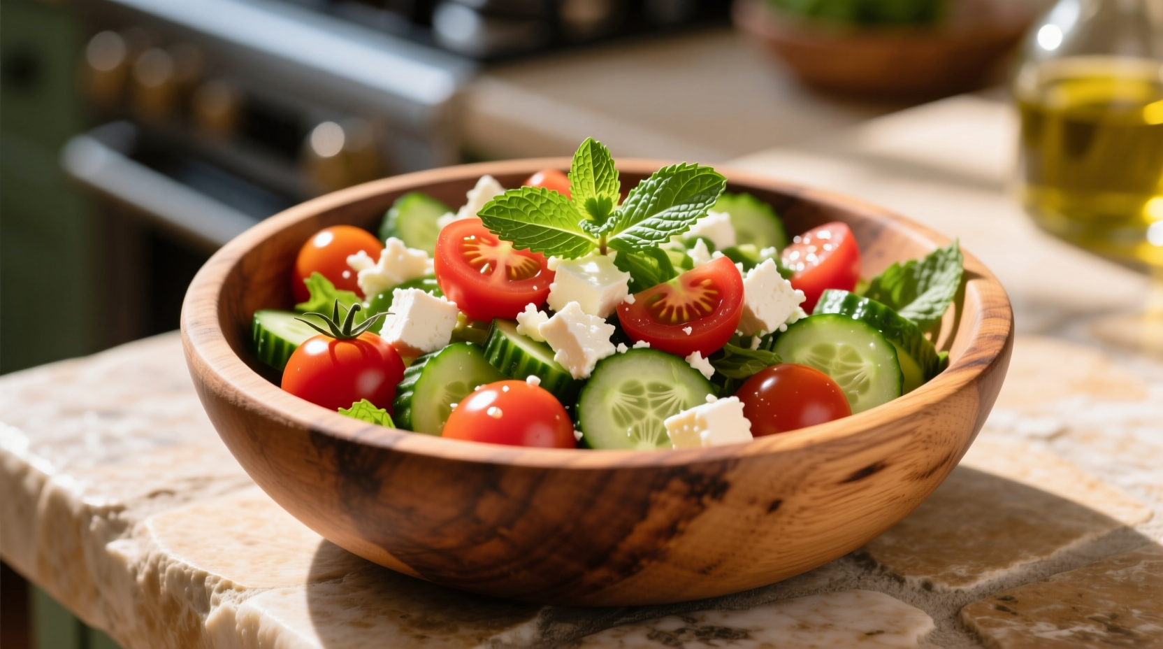Fresh feta tomato cucumber salad in wooden bowl