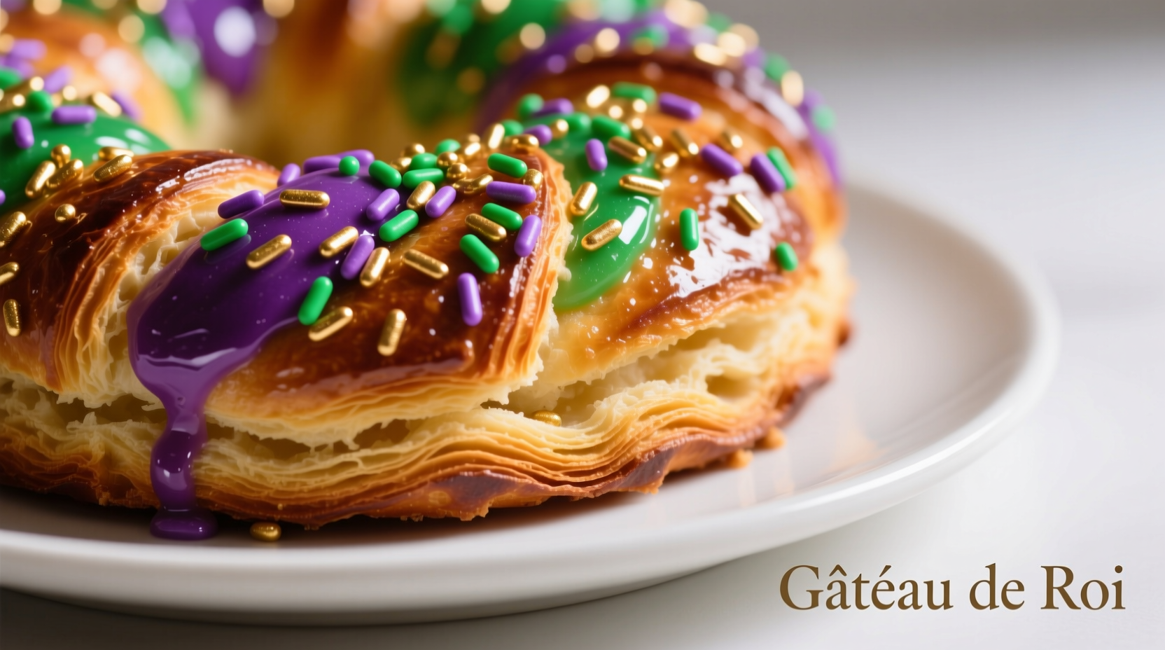Colorful king cake with purple, green and gold sprinkles