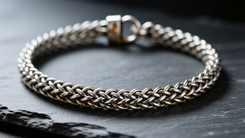 Close-up of a tarnished sterling silver Milanese mesh necklace on dark slate, showing the intricate woven wire texture and clasp