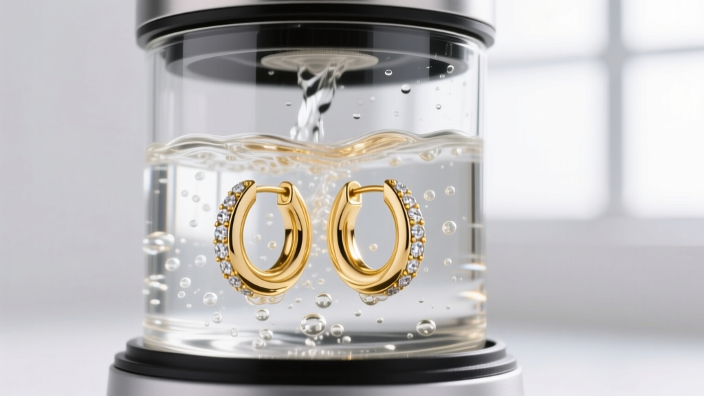 Ultrasonic cleaner vibrating with water, cleaning a pair of 14k gold huggie hoop earrings with small diamond accents on the metal