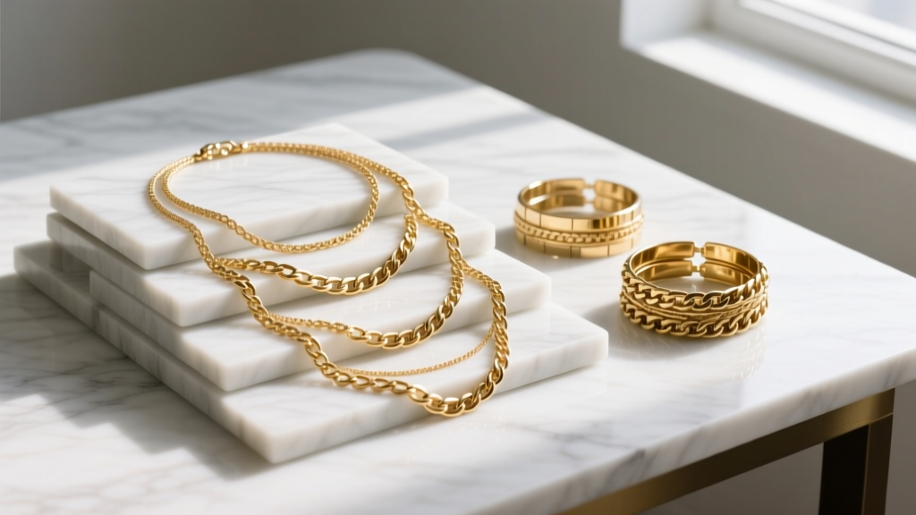Flat lay of wholesale layered gold PVD stainless steel necklace sets and matching bracelet bundles on a minimalist marble desk